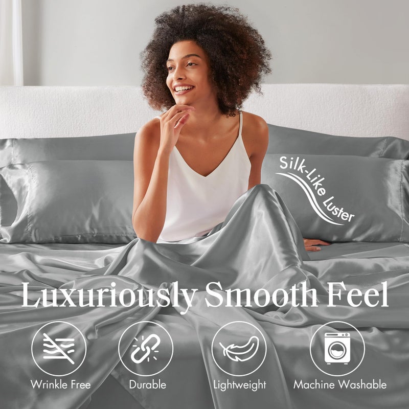 Madison Park Essentials Satin Sheet Set Luxury and Silky with Natural Sheen, Elastic 14" Pocket fits up to 16" Mattress, All Around Elastic - Year-Round Bedding, King, Grey, 6 Piece - Image 4